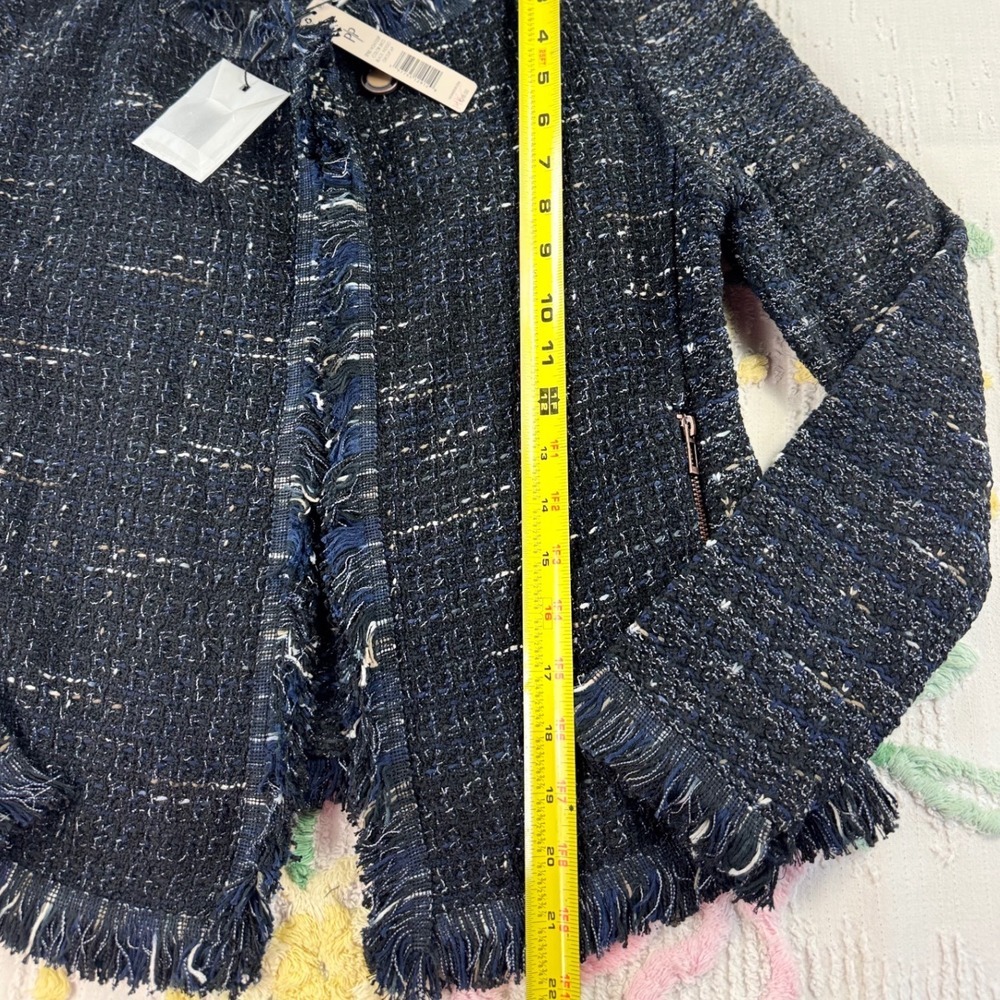 NIC ZOE Tweed Fringe Collarless Blazer Jacket Navy Multi Textured Cropped pp‎ - Picture 5 of 9